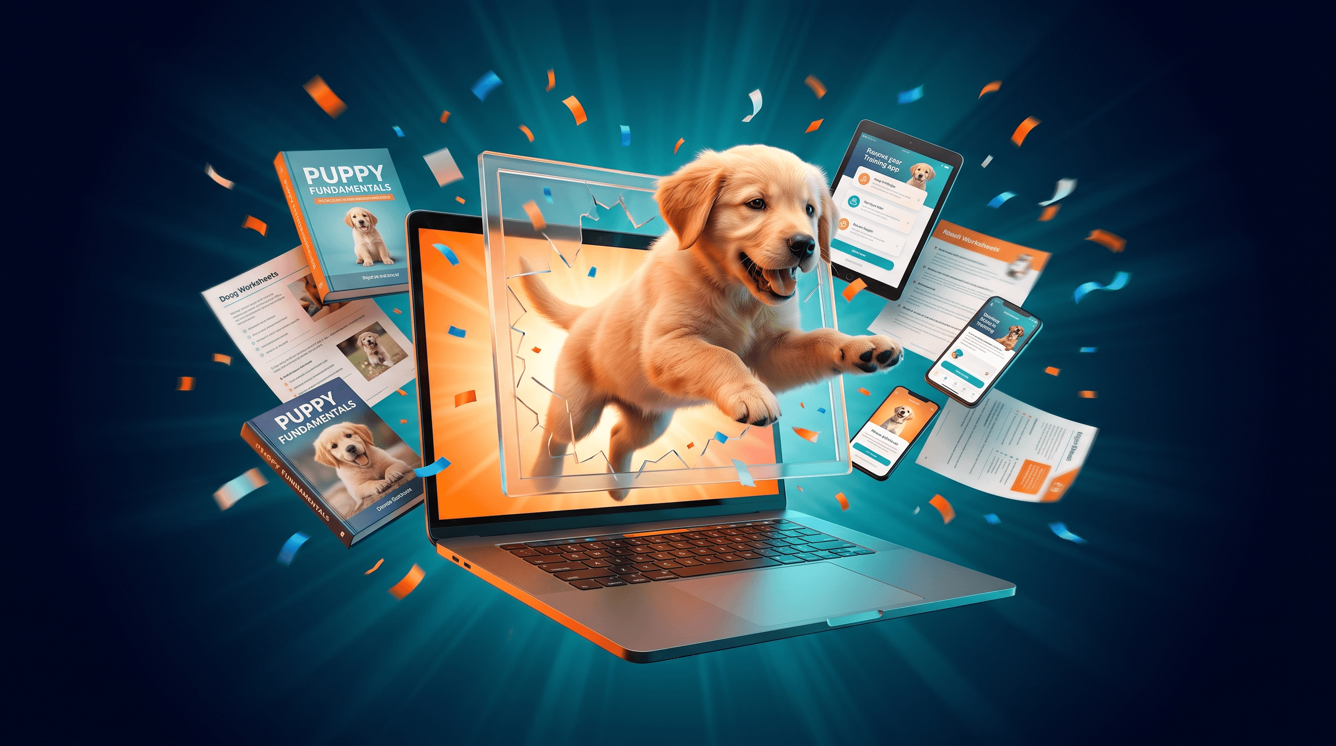 Course books, lessons and a puppy bursting out of a laptop screen